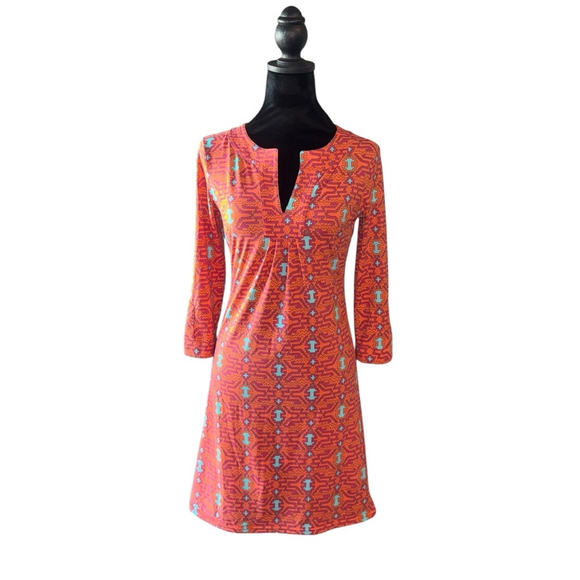 Ellie Kai XS Orange Turquoise Southwestern Geometric Stretch PERFORMANCE Dress - Picture 1 of 10